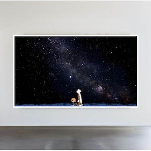 May include: A black and white illustration of Calvin and Hobbes standing side-by-side, looking up at a starry night sky. The Milky Way is visible in the background.