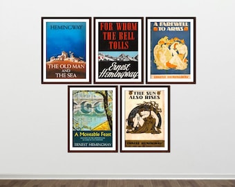 Ernest Hemingway Set of 5 Prints INSTANT DOWNLOAD First Edition Book Cover Novel Cover Wall Art American Literature Gift for Book Lover
