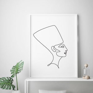 Cleopatra or Nefertiti line art drawing. Beauty woman face wall decor. Abstract minimal face. Minimalist Egyptian style. Printable wall art