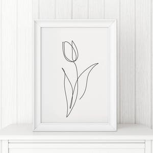 Impression de tulipe, art mural fleur, art en ligne une tulipe, décor minimaliste abstrait, dessin au trait, Wabi sabi art, art mural noir et blanc, affiche