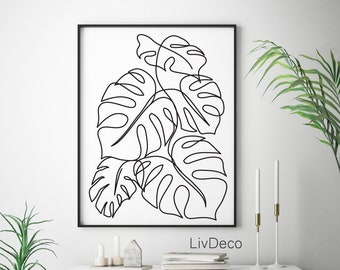 Printable Monstera Leaves, Botanical line art, Drawing Leaf, Tropical wall decor Print, Minimalist Black White Nature, Palm Leaf poster