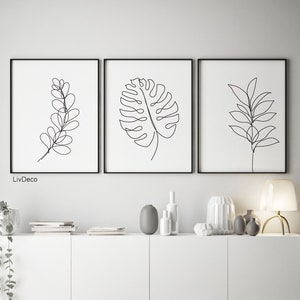Botanische druckbare Kunst, Set mit 3 Drucken, One-Line-Zeichnung von Blättern, minimalistische Kunstpflanze, Scandi-Poster, Wohnzimmerkunst