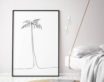Palmier d’impression unique dessin de ligne abstraite palme tropicale affiche ligne minimaliste art décoration murale moderne élégant contour noir et blanc art