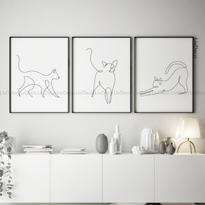 Gatti Line Drawing Art, Animali Stampabili Wall Decor Set di 3, Minimalist & Contemporary Line Art, camera da letto, soggiorno Stampe, download poster