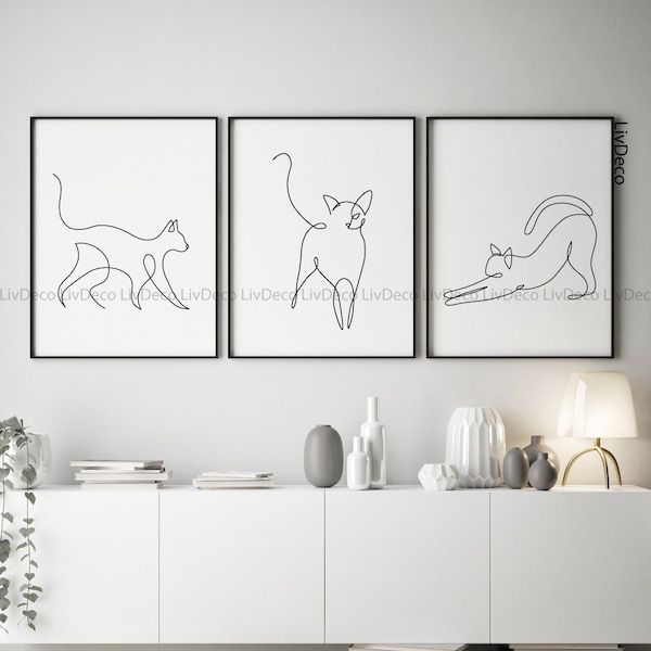 Cats Line Drawing Art, Pets Printable Wall Decor Set of 3, Minimalist & Contemporary Line Art, bedroom, living room Prints, poster download