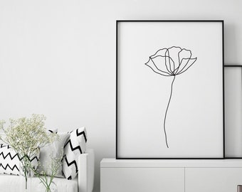 Art mural imprimable de coquelicots. Un dessin au trait abstrait fleurs mural décor art minimaliste noir et blanc abstrait botanique. Coquelicot minimal