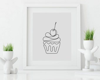 Abstract cake one line drawing, Minimalist wall art decor, Capcake printable wall art, Bakery line art , Modern kitchen wall decor