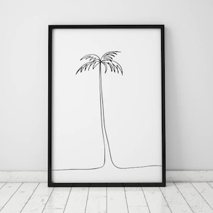 May include: A black and white line drawing of a palm tree in a black frame. The palm tree is drawn in a simple, minimalist style.