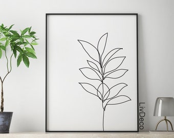 Abstract botanic wall decor, minimalist printable art, one line drawing, Black and white room decor, large poster, plant print, leaf prints