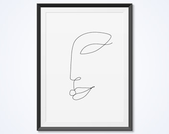 Abstract Face single line drawing, Line art wall decor, Printable Minimalist Face, Black White Artwork, Modern art