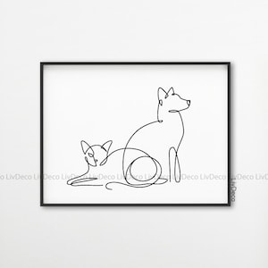 猫と犬の線画、ミニマリストの白黒動物のスケッチ、ペットの壁飾り、シンプルな絵、印刷可能なモダンアート、ミニマルグラフィックアート