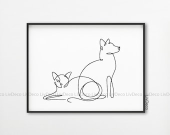 Cat and Dog Line Art, Minimalist black and white animals sketch, Pets wall decor, Simple drawing, Printable Modern Art, Minimal Graphic Art