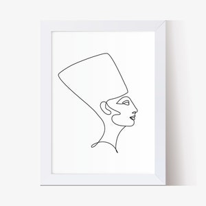 May include: Line art drawing of a woman wearing a headdress, in a minimalist style.