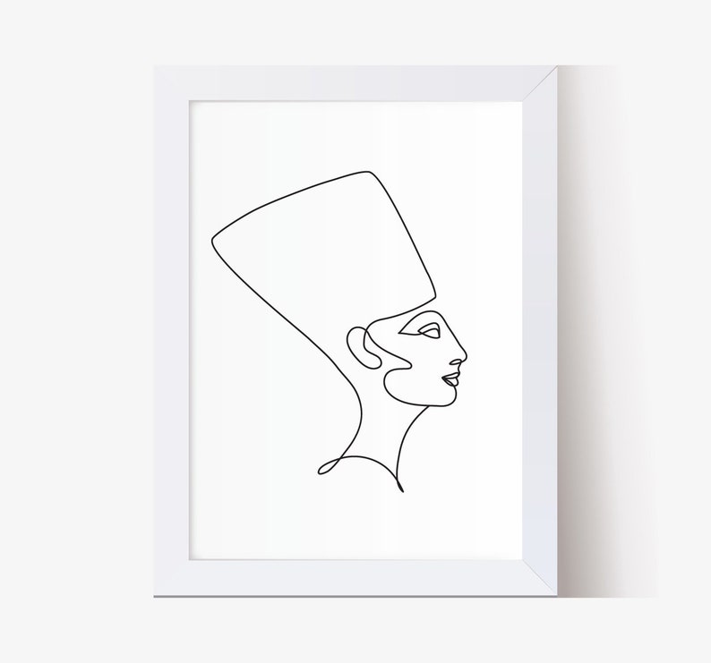 May include: Line art drawing of a woman wearing a headdress, in a minimalist style.