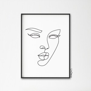 Abstract woman face wall print, one line drawing art, Minimalist modern wall decor, Black and white fashion decor, single line, portrait image 1