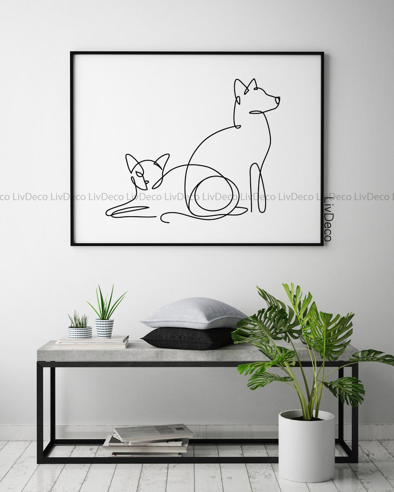 Cat and Dog Line Art, Minimalist Black and White Animals Sketch, Pets ...