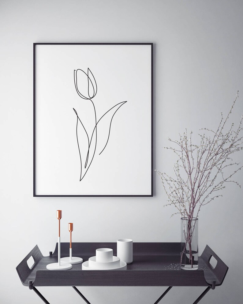 Tulip afdrukken kunst aan de muur bloem Tulip één regel Etsy