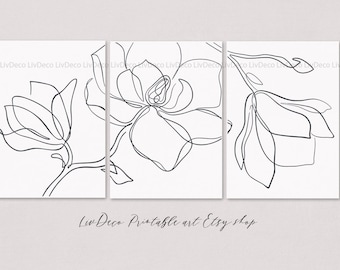 Fleur de magnolia Set de 3 dessins d’une ligne, Décor mural botanique imprimable, Art minimaliste noir et blanc, Affiche abstraite de plantes modernes