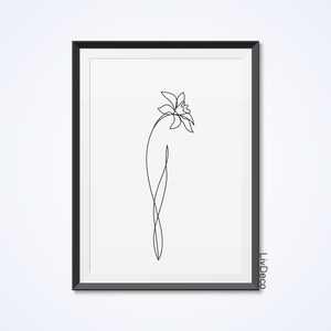 May include: A black and white line drawing of a flower in a simple, minimalist style. The flower is depicted with a single stem and a single bloom. The drawing is framed in a black frame.
