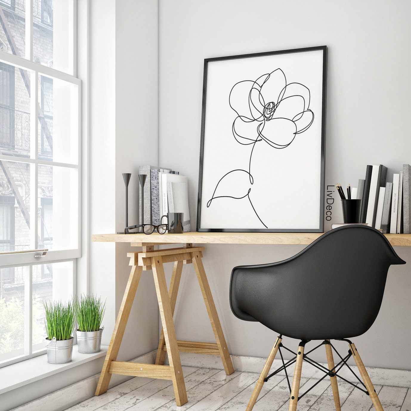 Magnolia flower minimalist Poster, one line drawing, Abstract botanic wall art decor