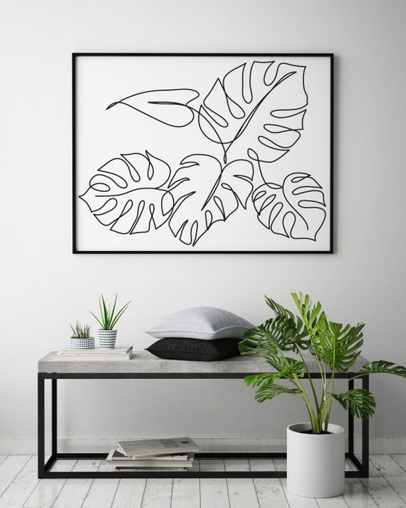 Monstera plant printable line art, Tropic leaves print, Abstract botanic wall decor, Minimalist art, One line drawing, Modern wall decor