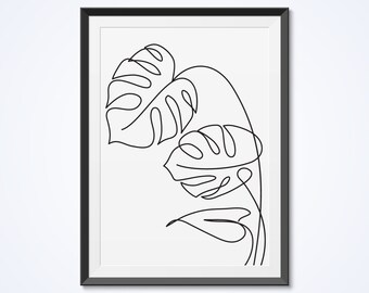 Tropical leaves minimal wall decor. Monstera one line drawing. Abstract botanical print. Minimalist printable wall art. Plant poster