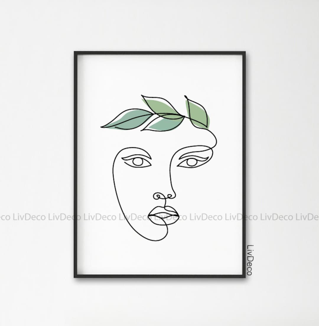 Woman Face With Leaves, Printable Line Art, Abstract Minimalist Drawing ...