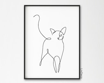 Abstract cat one line drawing, wall decor print, Miimalist art, Animals printable art, black and white large print,  single continuous line