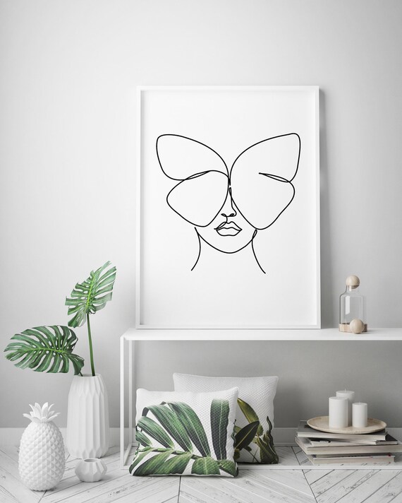 Abstract Woman Face With Butterfly Wall Decor Print. One Line