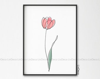 Lámina de arte lineal de tulipán rosa, arte de una sola línea, decoración de pared con plantas, arte minimalista, póster de naturaleza, abstracto, línea de plantas, descarga digital