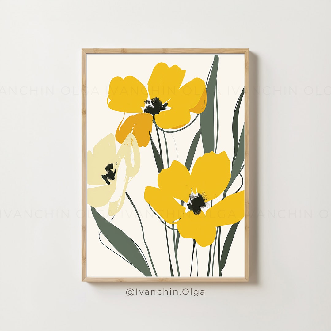 Yellow Wildflowers Art Poster. Abstract Floral Botanical Art Print ...