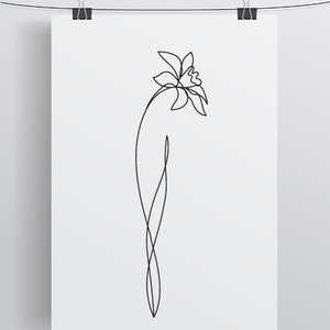 May include: A black and white line drawing of a single flower with a long stem. The flower is stylized and has a simple design. The image is on a white background.
