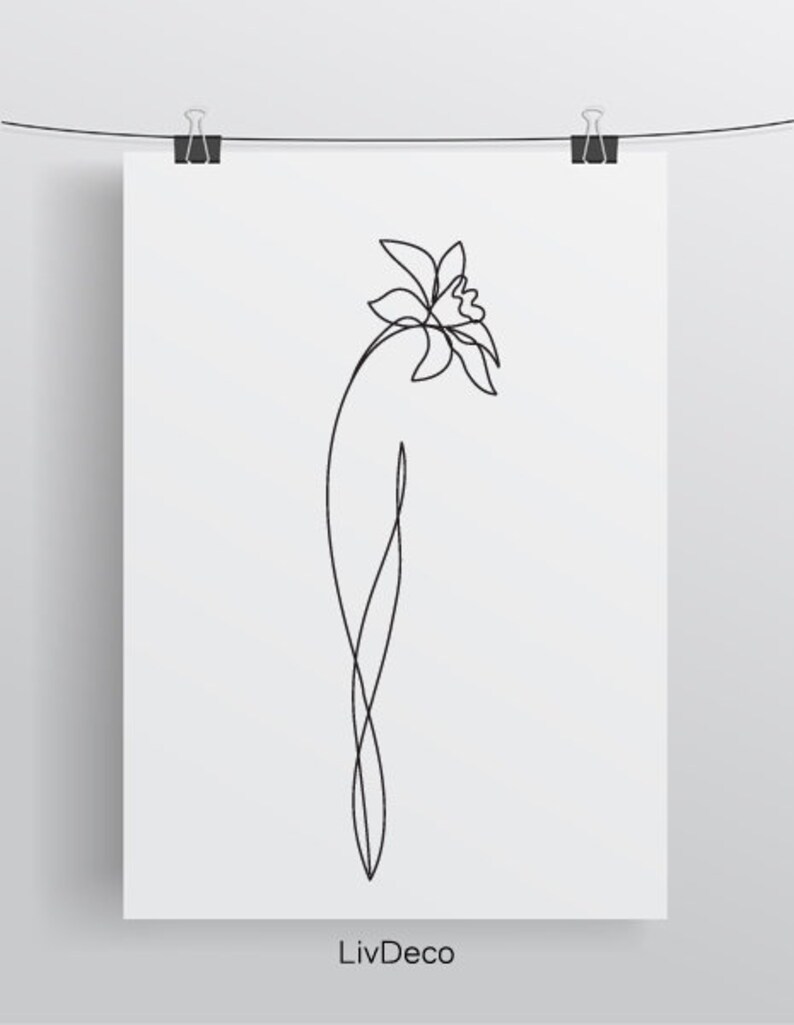 May include: A black and white line drawing of a single flower with a long stem. The flower is stylized and has a simple design. The image is on a white background.