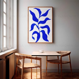 Botanical blue leaves Poster | Leaves art digital Print | Plants Illustration | Printable Wall Art | Blue Ultramarine on white background