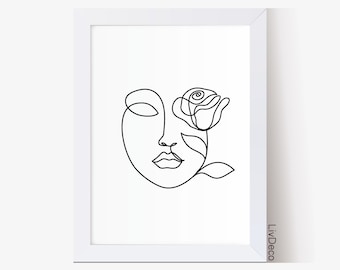 Beauty abstract woman face line drawing, fashion wall art, minimalist art, Face whith rose one line drawing, girl room decor modern portrait