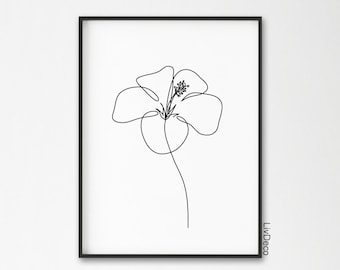 Hibiscus flower minimalist print, one line drawing, Abstract botanic wall art decor, single line, black and white print, continuous line