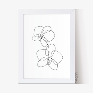 Decoração de parede de flor de orquídea, arte minimalista para impressão, impressão de desenho de uma linha, pôster abstrato botânico, decoração floral em preto e branco