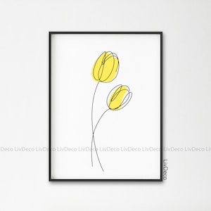 2 tulipanes amarillos minimalista arte de la pared. Una línea Dibujo flores Arte. Decoración imprimible floral, impresión de flor de tulipán, póster abstracto botánico