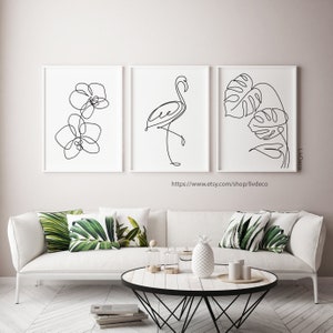 3er Set Drucke, Botanische Druckbare Kunst, One Line Zeichnung Blätter, Flamingo Minimalistische Kunst, Orchidee Blume Einfaches Kunstwerk Minimal Poster