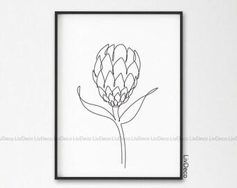 Protea flower one line drawing art, Botanical wall decor print, Black and white abstract minimal poster, Floral wall decor, Minimalist art,