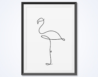 Flamingo wall decor. Minimalistic art. Single line drawing. Black and white wall art. Abstract animal print. Digital