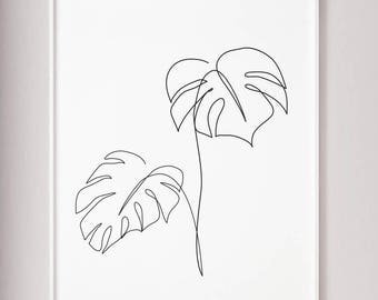 Monstera's leaves one line drawing. Tropical leaves print, Abstract botanic plants wall decor, Minimalist art, printable wall art
