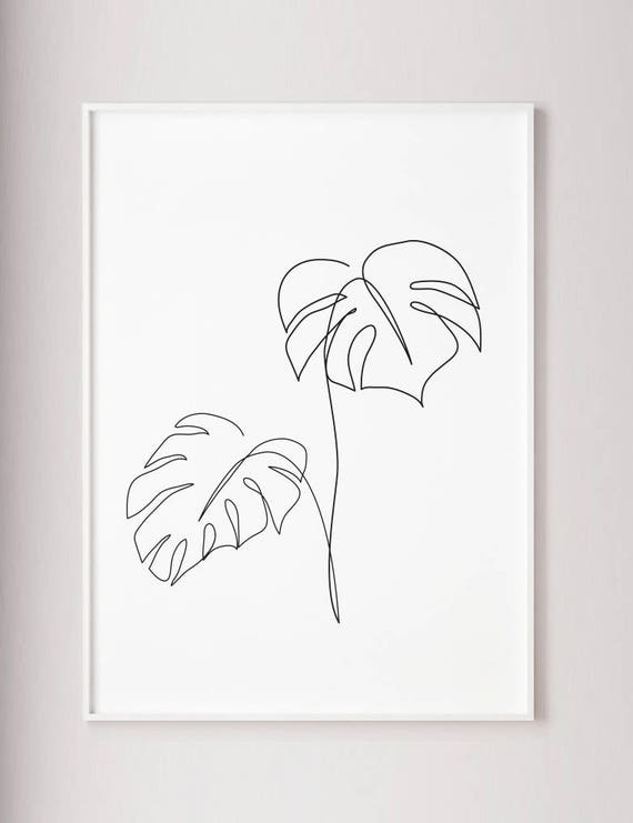 Monstera's leaves one line drawing. Tropical leaves print, Abstract botanic plants wall decor, Minimalist art, printable wall art