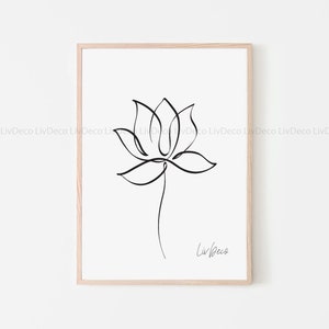 Lotus Blume One Line Zeichnung Kunstdruck, Minimalistische botanische Wandkunst, skandinavisches schwarz-weißes Dekor, Abstraktes druckbares YOGA Poster