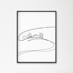 Abstract Landscape Printable wall decor. Minimal One Line drawing. Abstract farm or village wall prints. Continuous line art