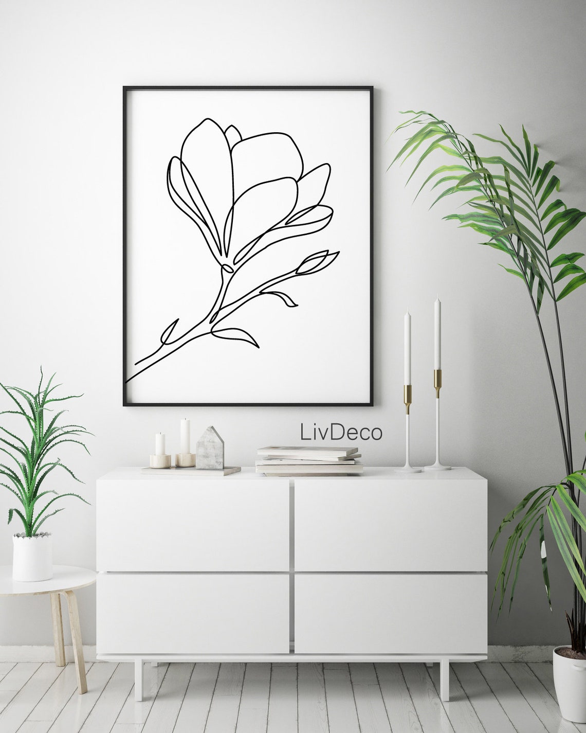 Magnolia flower abstract minimal wall art one line drawing | Etsy