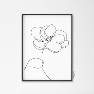 Magnolia flower minimalist print, one line drawing, Abstract botanic wall art decor, single line, black and white print, continuous line
