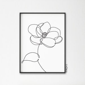 Magnolienblume minimalistischer Druck, einzeilige Zeichnung, abstraktes botanisches Wandkunstdekor, einzelne Linie, Schwarz-Weiß-Druck, durchgehende Linie