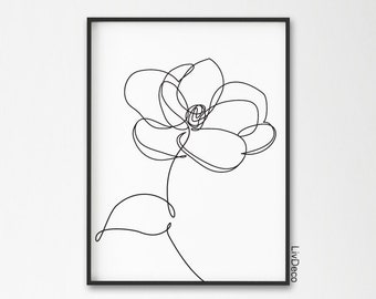 Magnolienblume minimalistischer Druck, einzeilige Zeichnung, abstraktes botanisches Wandkunstdekor, einzelne Linie, Schwarz-Weiß-Druck, durchgehende Linie