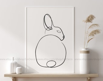 One line drawing Bunny, rabbit, Continuous Line Art, minimalist wall art, Black and white printable art, pet portrait, bunny lover gift